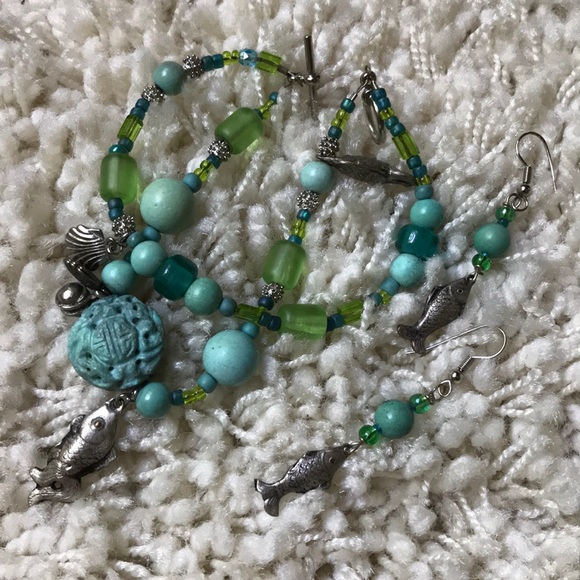 Turquoise & Glass Bead Chinese Silver Bracelet Set - Picture 8 of 9